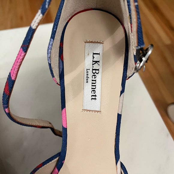 LK Bennett Linette Navy and Pink Patterned Wedge Sandals - Picture 2 of 10